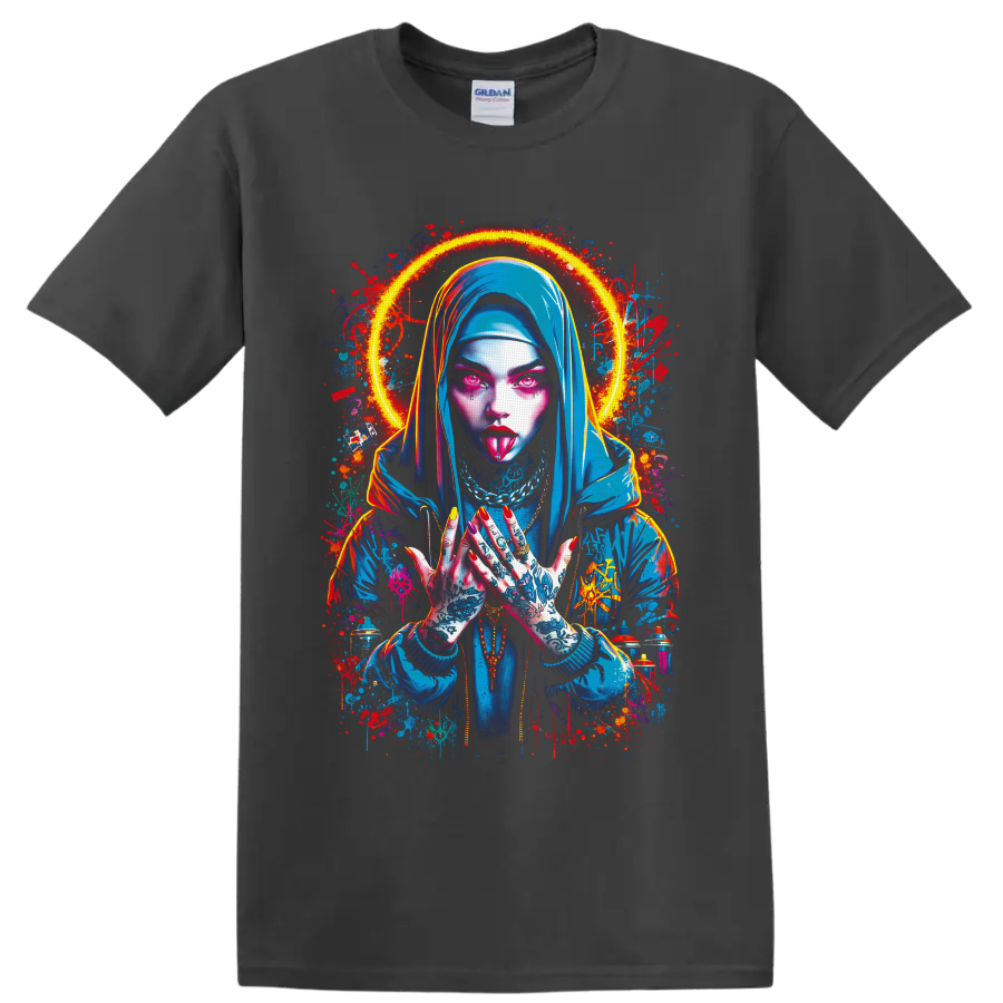 Neon tattooed gothic woman in a blue hood with a glowing halo and graffiti splashes on a Charcoal T Shirt
