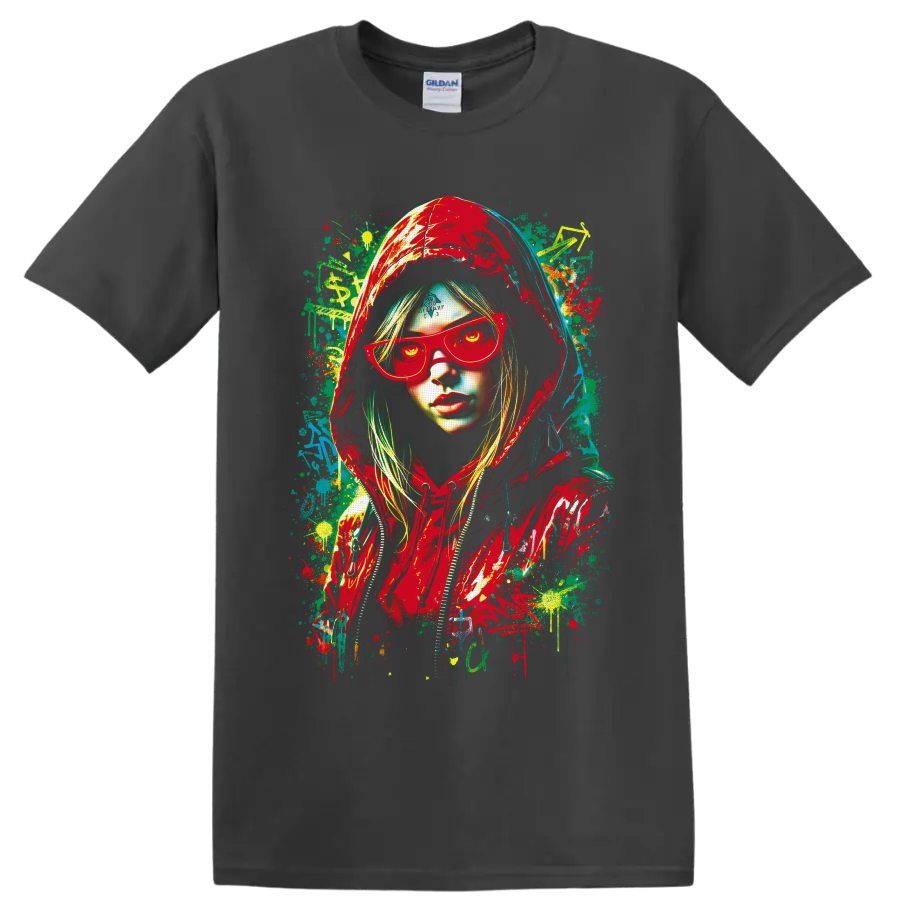 Hooded woman in red sunglasses with colorful graffiti paint splatter portrait on a Charcoal T Shirt