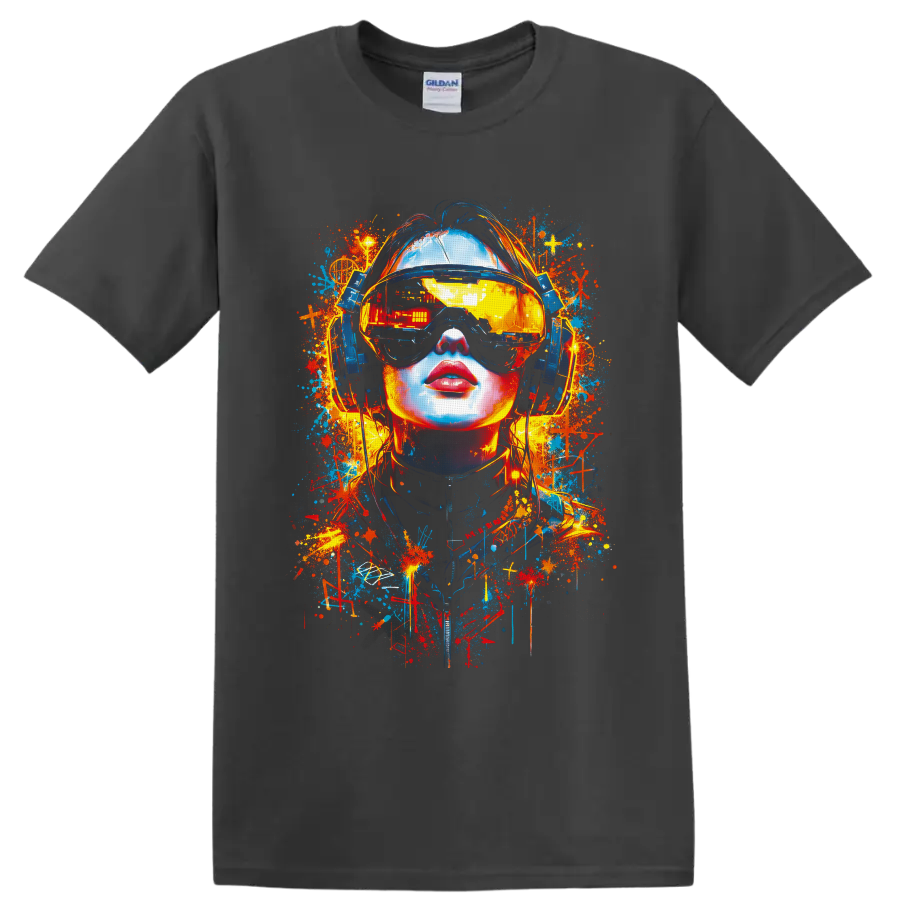 Cyberpunk woman in reflective VR visor and headphones with neon graffiti splashes on a Charcoal T Shirt
