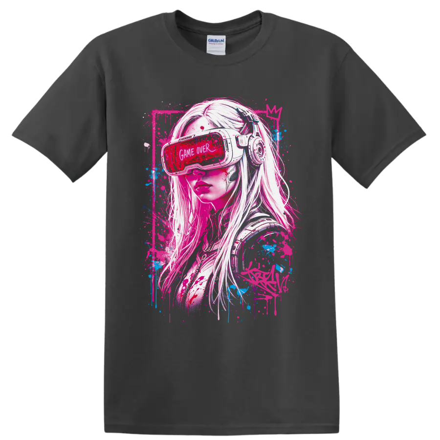 Cyberpunk gamer girl in VR headset with Game Over visor and neon graffiti splatters on a Charcoal T Shirt