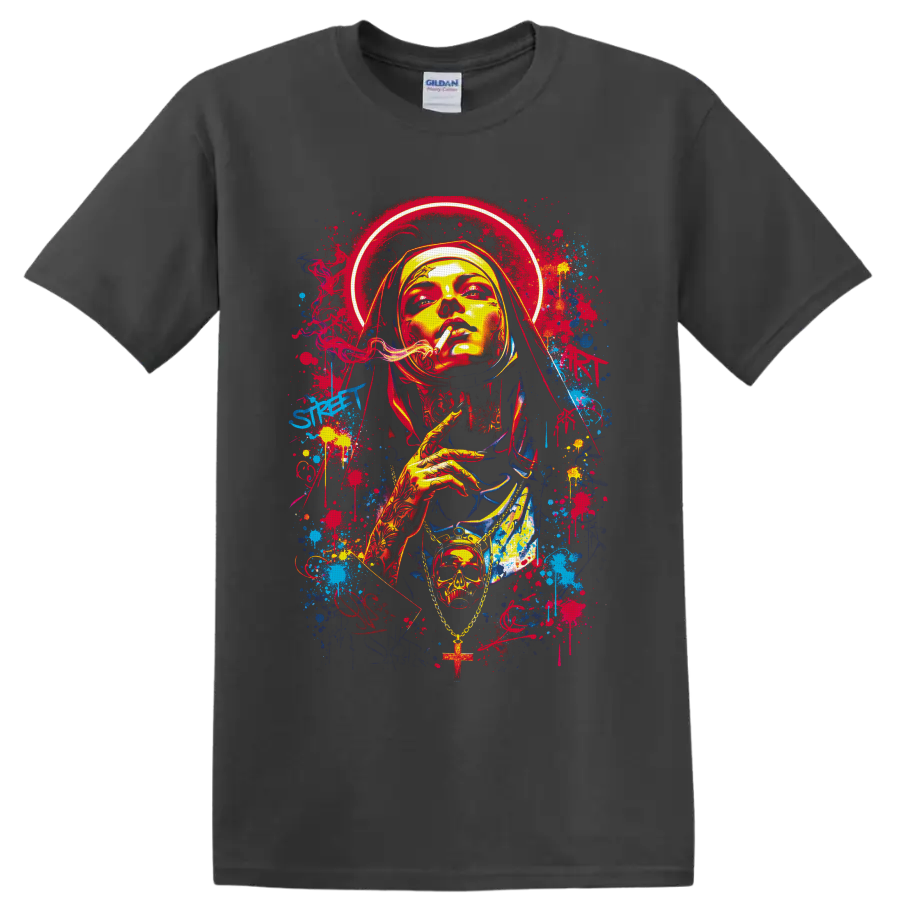 Gothic smoking nun portrait with halo, skull pendant, cross, and graffiti splatters on a Charcoal T Shirt