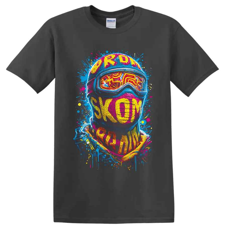 Neon graffiti helmeted skier portrait with reflective goggles and Freedom text on a Charcoal T Shirt