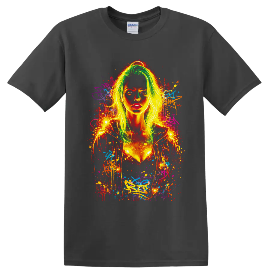 Neon graffiti woman portrait with lime-green hair, paint splatters, and urban street art on a Charcoal T Shirt