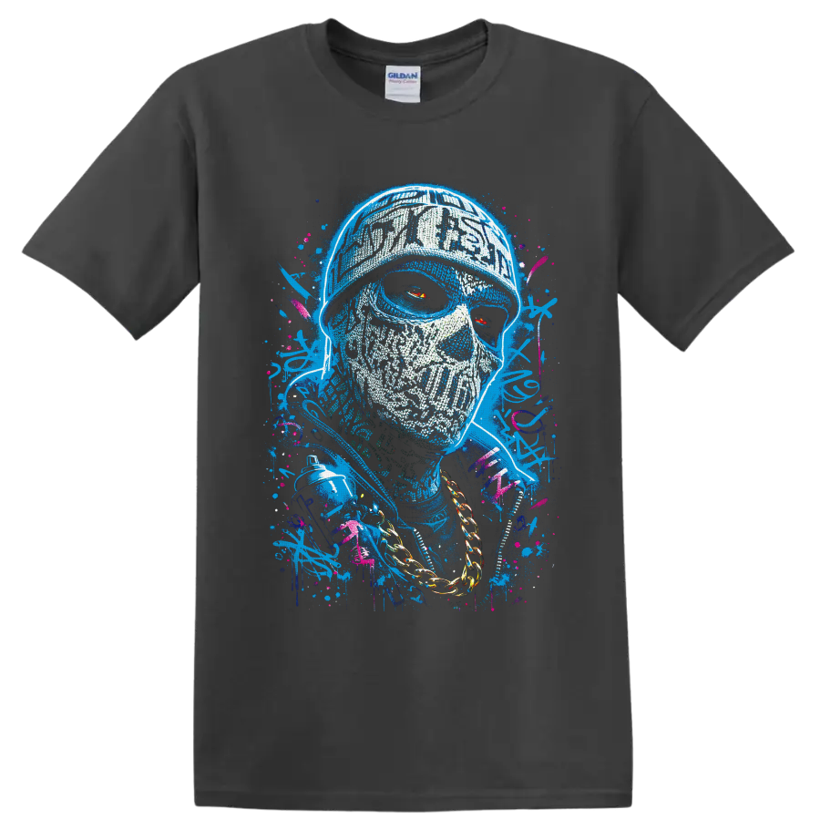 Graffiti-style skull portrait with red eyes, gold chain, spray can, and paint splatters on a Charcoal T Shirt