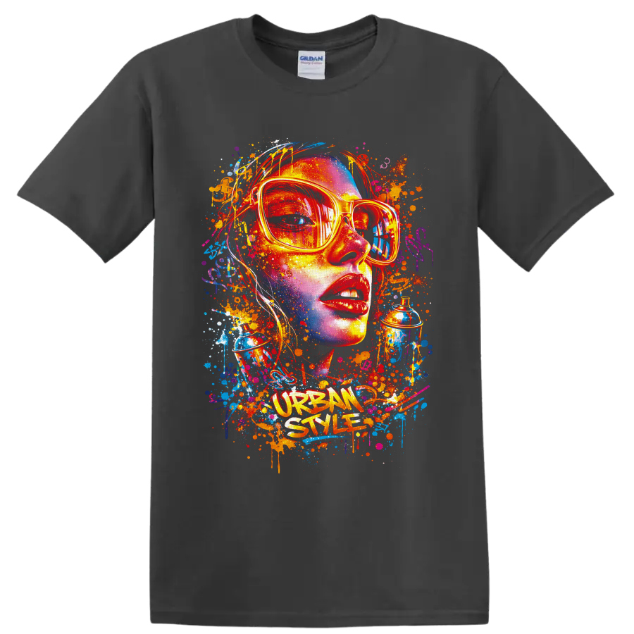 Graffiti-style woman portrait in sunglasses with spray cans and Urban Style text on a Charcoal T Shirt