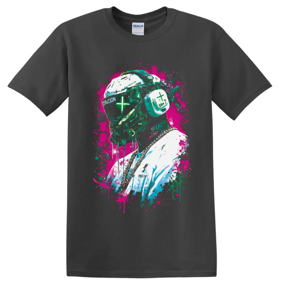 Cyberpunk helmeted portrait with neon graffiti splatters and mechanical details on a Charcoal T Shirt