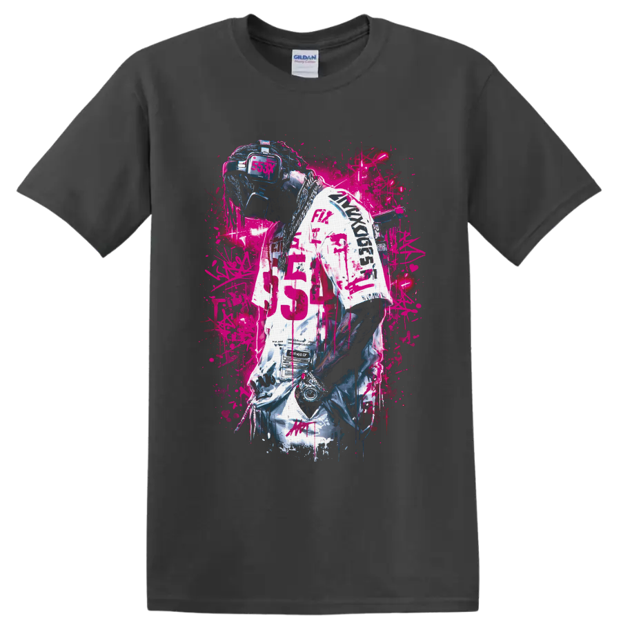 Cyberpunk DJ portrait with visor headset, chains, jersey, and neon pink graffiti on a Charcoal T Shirt