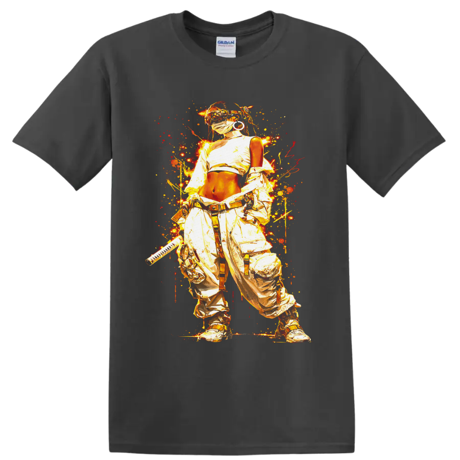Cyberpunk masked ninja warrior with katana in fiery gold graffiti splatter art on a Charcoal T Shirt