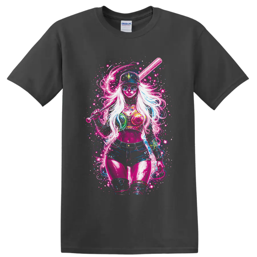 Neon pop art woman in cap and sunglasses holding a baseball bat amid cosmic splatters on a Charcoal T Shirt