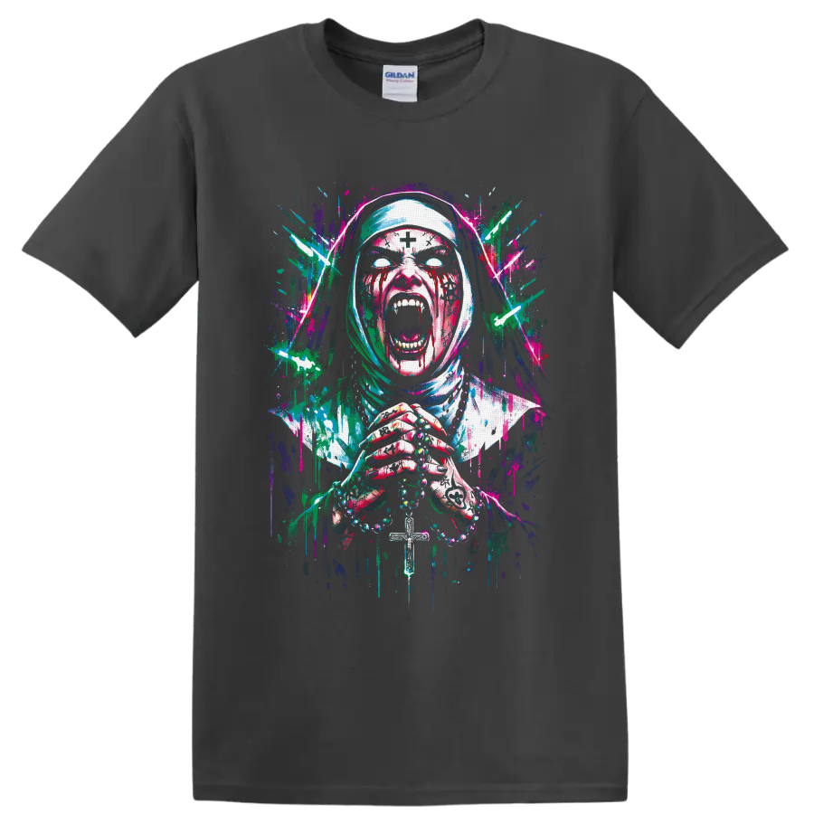 Neon splatter art of a screaming zombie nun holding rosary beads and a cross on a Charcoal T Shirt