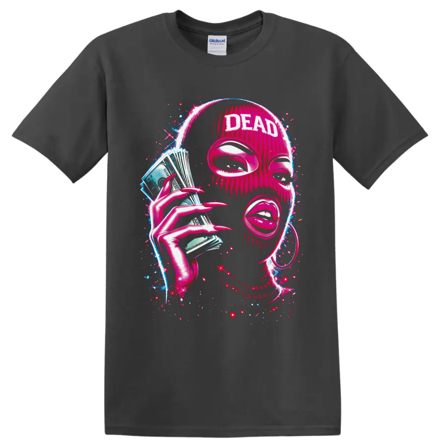 Neon pink masked portrait with DEAD text, cash fan, long nails, and electric splatter art on a Charcoal T Shirt