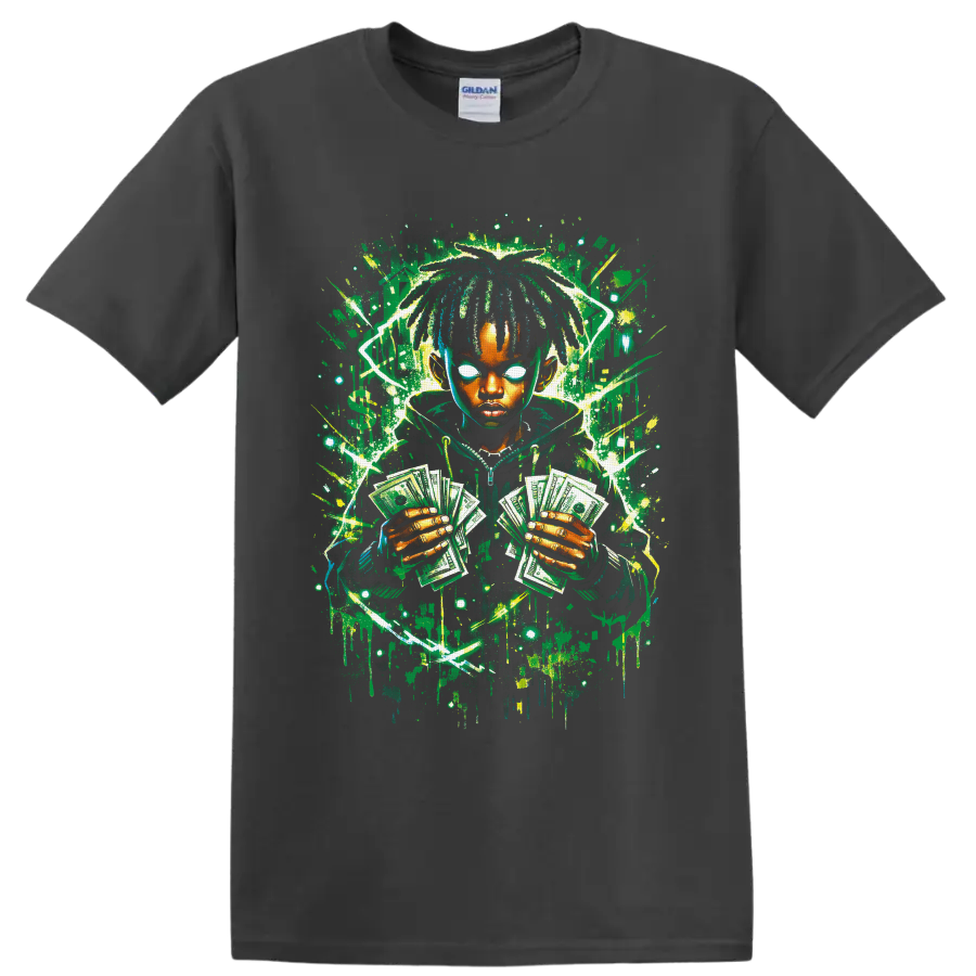 Neon graffiti portrait of a dreadlocked figure holding fanned dollar bills on a Charcoal T Shirt