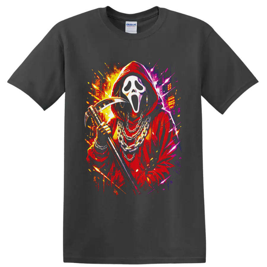 Ghostface in red hood with chains and reaper blade in neon splatter street art on a Charcoal T Shirt