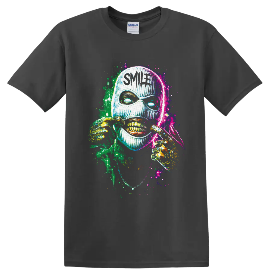 Neon masked skull grin with skeletal hands and Smile text in splatter art on a Charcoal T Shirt