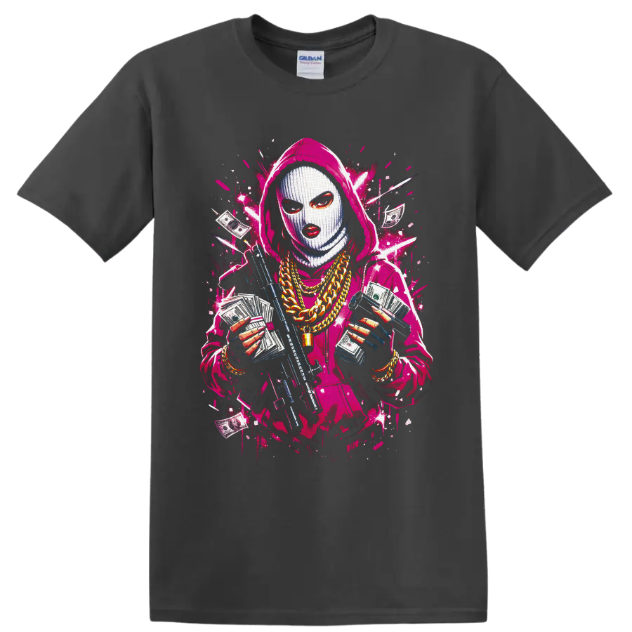 Masked hooded figure with cash, gold chains, rifle, and neon graffiti splatters on a Charcoal T Shirt
