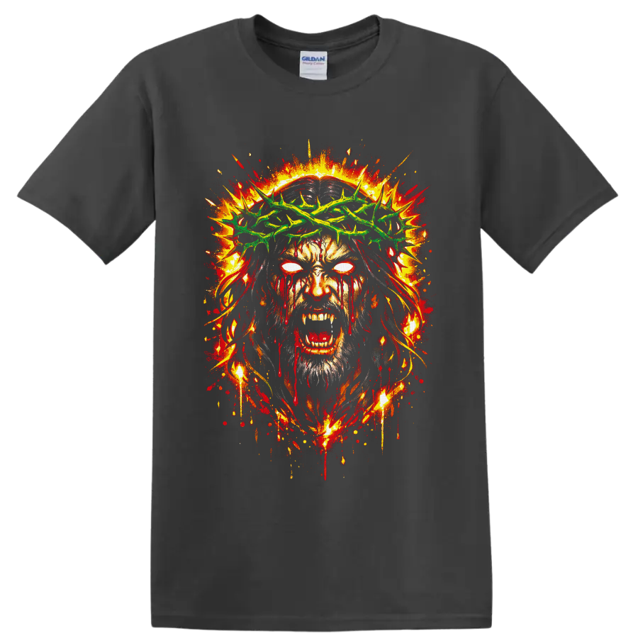 Zombie Jesus portrait with green crown of thorns, glowing eyes, and fiery gothic splatter on a Charcoal T Shirt