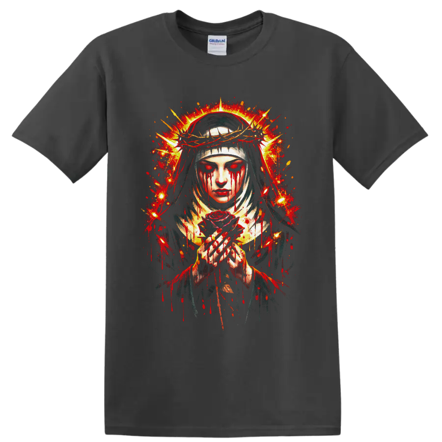Gothic veiled woman with crown of thorns, crimson tears, red rose, and halo splatter art on a Charcoal T Shirt