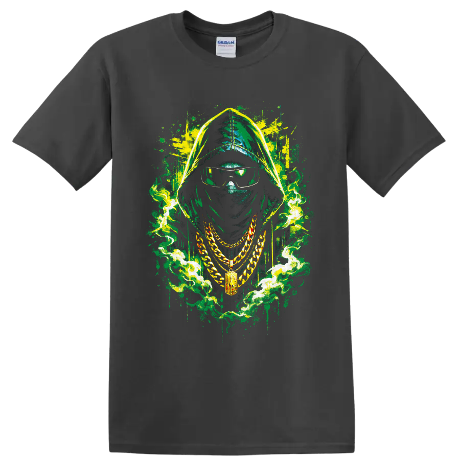 Hooded masked figure with sunglasses, gold chains, and neon graffiti smoke on a Charcoal T Shirt