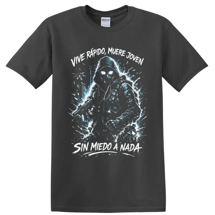 Hooded skull warrior with sword and blue lightning, Sin Miedo A Nada lettering on a Charcoal T Shirt