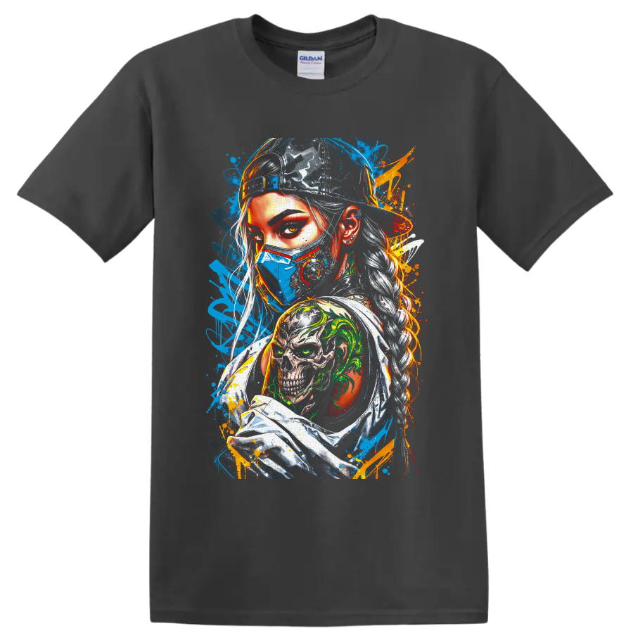 Cyberpunk masked woman portrait with blue respirator mask, skull tattoo, and neon graffiti on a Charcoal T Shirt