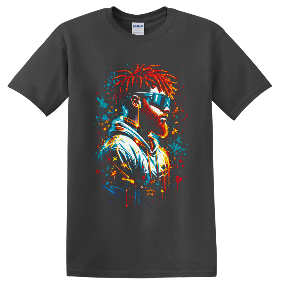 Graffiti-style bearded portrait with red dreadlocks, blue sunglasses, headphones, and on a Charcoal T Shirt