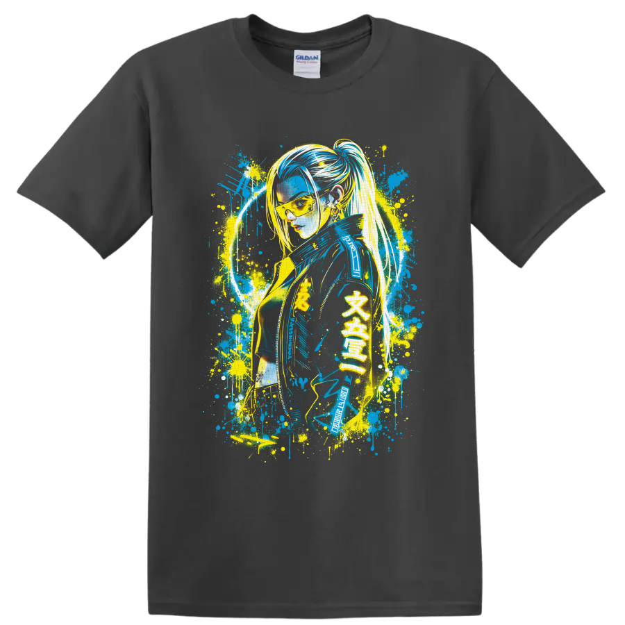 Female V cyberpunk graffiti portrait with neon splatter art on a Charcoal T Shirt