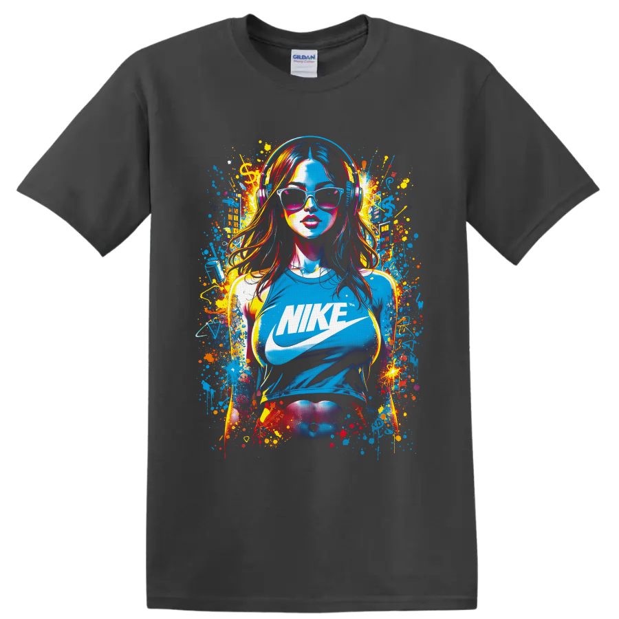 Nike logo pop-art woman in headphones and sunglasses with colorful graffiti splatters on a Charcoal T Shirt