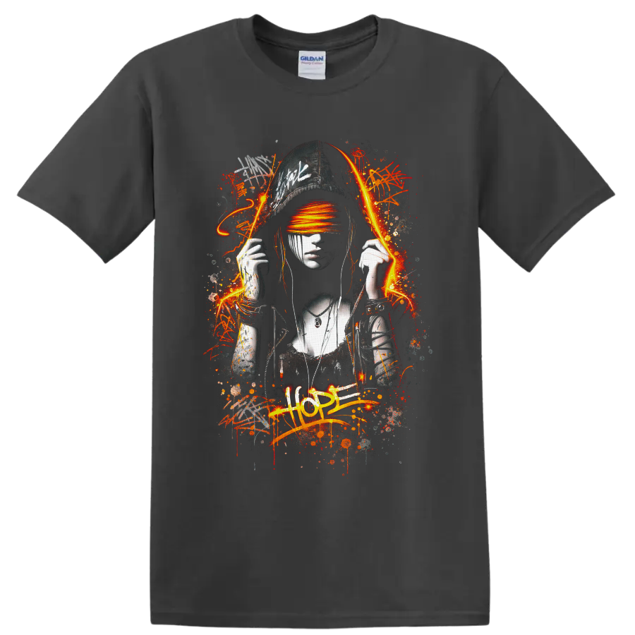 Graffiti-style woman in cap with orange blindfold, paint splatters, and HOPE text on a Charcoal T Shirt