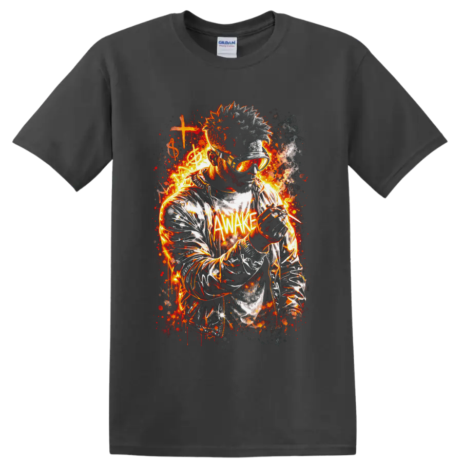 Fiery goggle-wearing musician with microphone, cross, treble clef, and AWAKE text on a Charcoal T Shirt