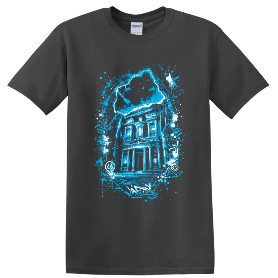 Electric-blue Gothic mansion with cracked moon, paint splatters, and graffiti accents on a Charcoal T Shirt