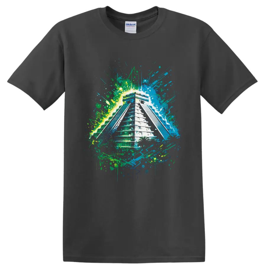 Mayan-inspired stepped pyramid in neon tropical graffiti paint splatter art on a Charcoal T Shirt