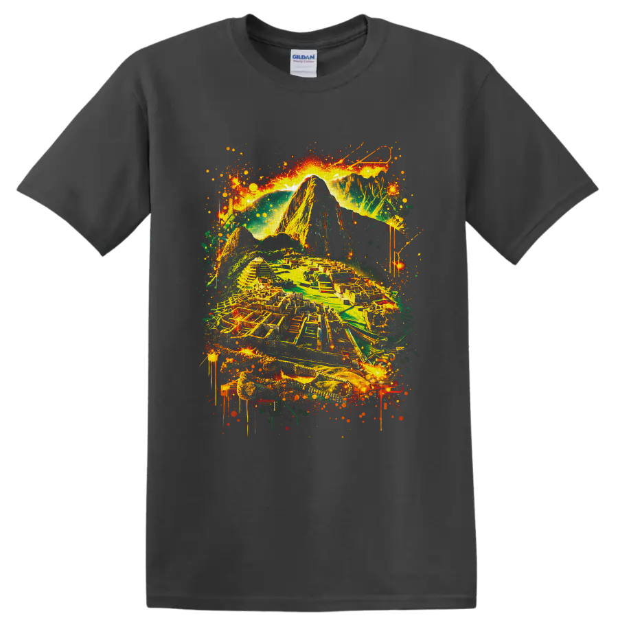 Neon-style Machu Picchu Inca citadel and Andes mountain graffiti artwork on a Charcoal T Shirt