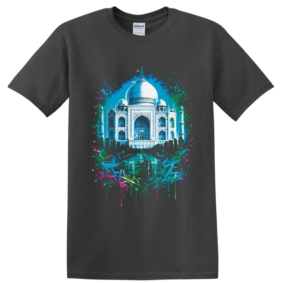 Taj Mahal watercolor illustration with minarets, reflecting pool, foliage, and paint on a Charcoal T Shirt