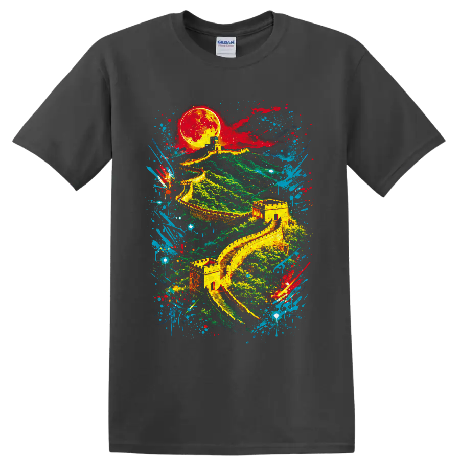 Great Wall of China landscape with glowing moon and colorful graffiti paint splashes on a Charcoal T Shirt