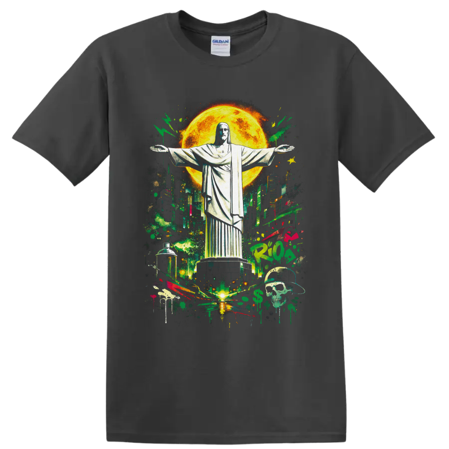Christ the Redeemer over Rio skyline in neon graffiti art with a glowing moon on a Charcoal T Shirt