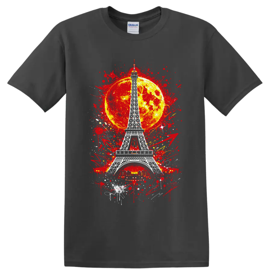 White Eiffel Tower with yellow moon and red graffiti splatter artwork on a Charcoal T Shirt