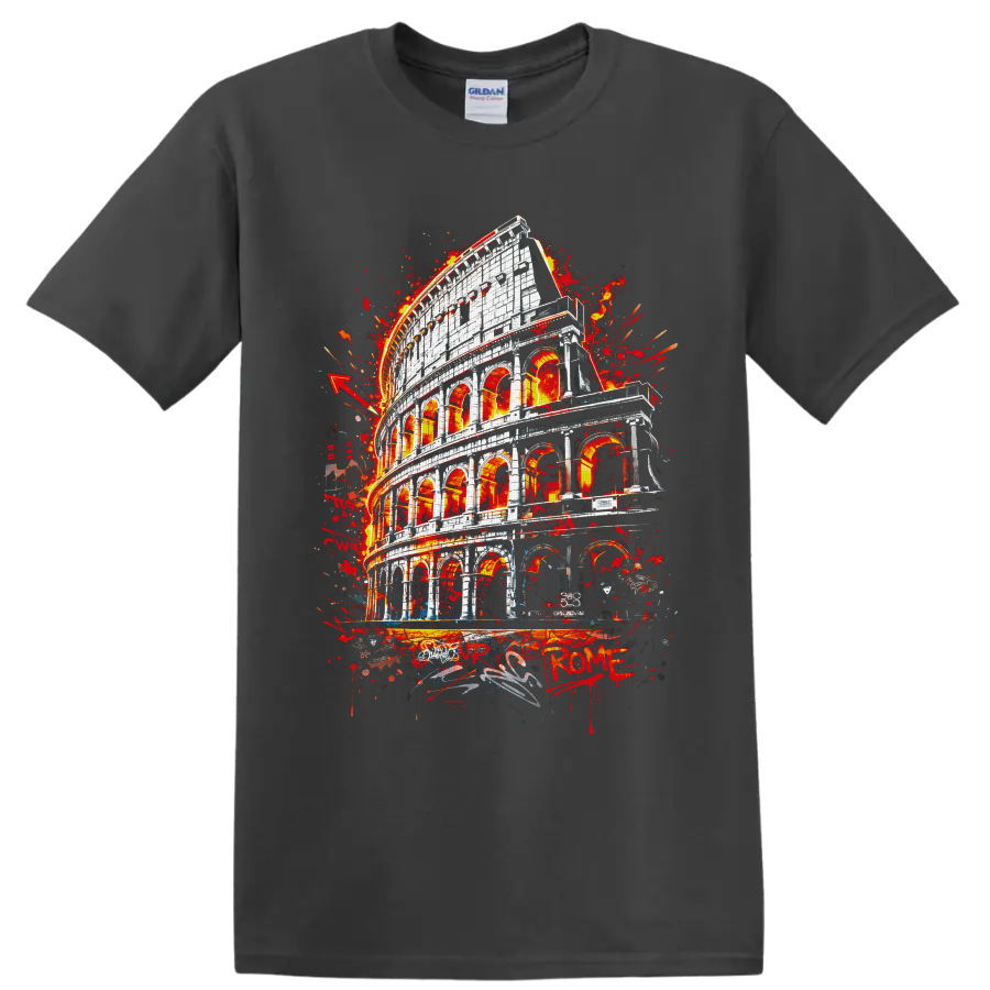 Roman Colosseum in fiery red graffiti-inspired architectural artwork on a Charcoal T Shirt