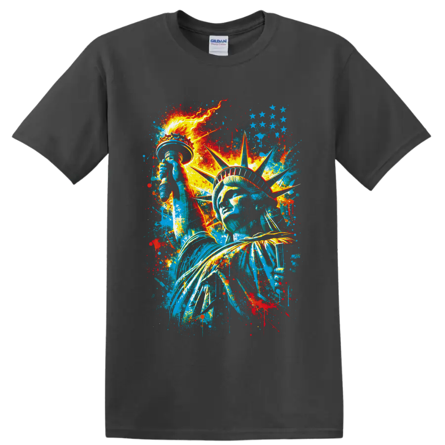 Statue of Liberty graffiti-style portrait with torch, stars, and paint splatters on a Charcoal T Shirt