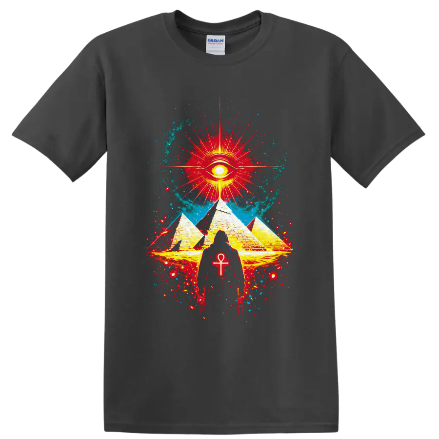 Mystical Egyptian-inspired pyramids, radiant eye, ankh figure, and cosmic splatter art on a Charcoal T Shirt