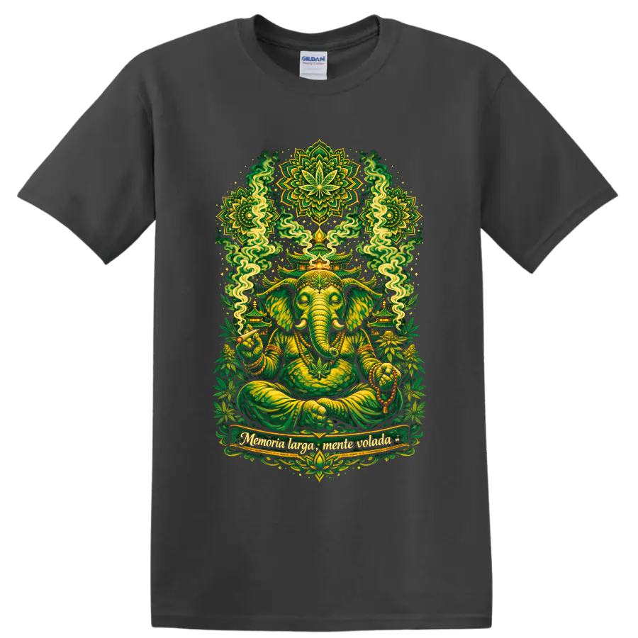 Psychedelic Ganesha meditation art with hemp leaves, temples, smoke, and green mandalas on a Charcoal T Shirt