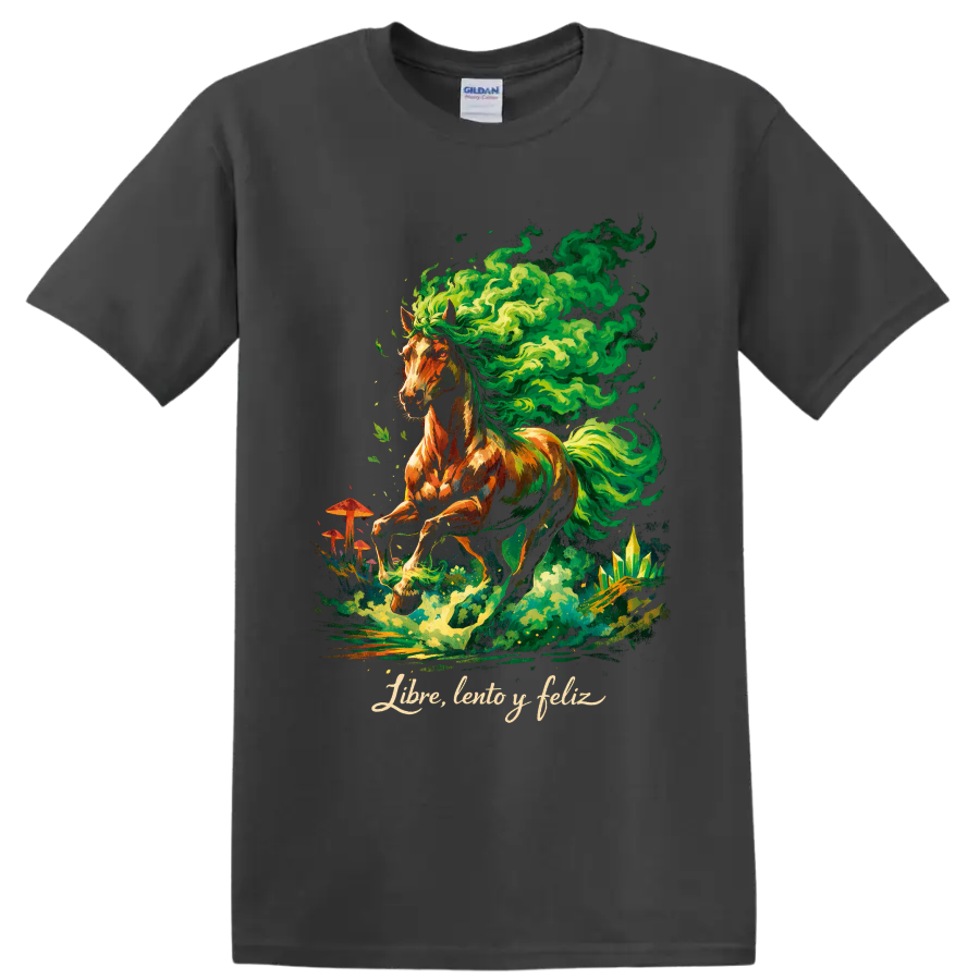 Psychedelic horse with swirling green smoke, mushrooms, crystals, and Libre, lento y feliz on a Charcoal T Shirt