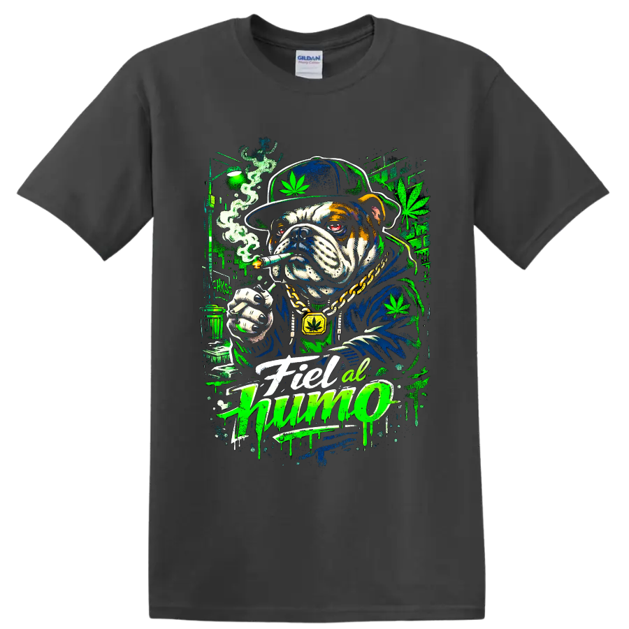 Cannabis bulldog smoking a joint in neon graffiti street art with Fiel al humo text on a Charcoal T Shirt