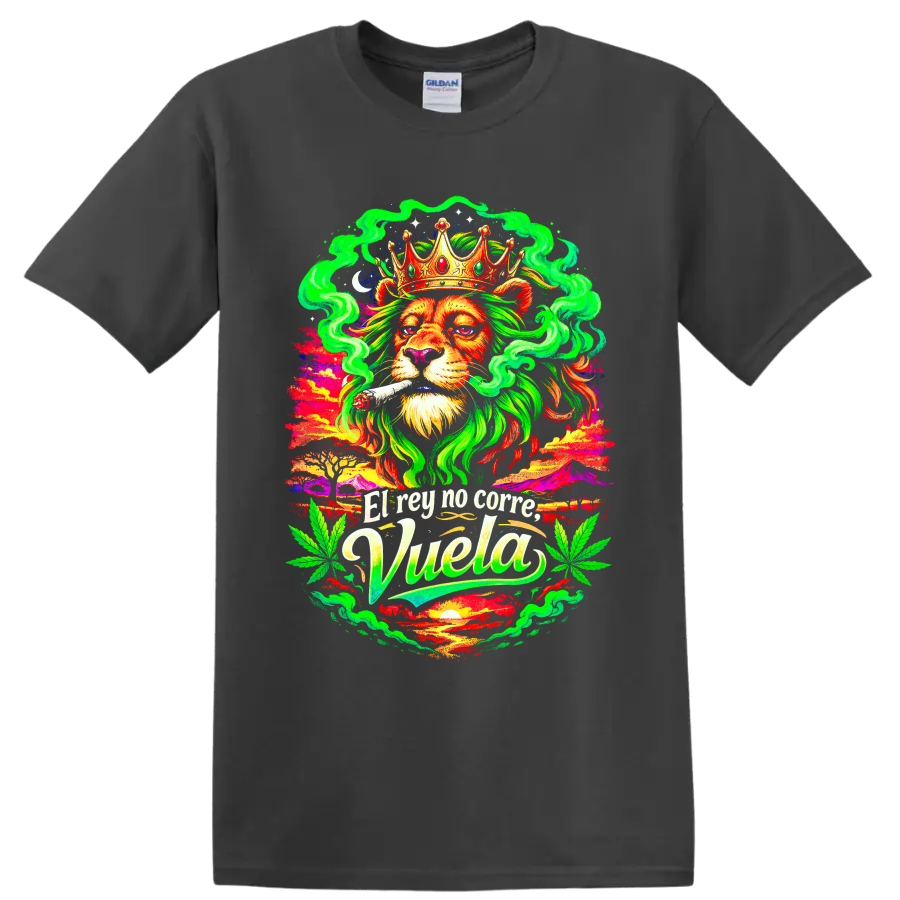 Psychedelic crowned lion with joint, cannabis leaves, smoke, and High Life text on a Charcoal T Shirt