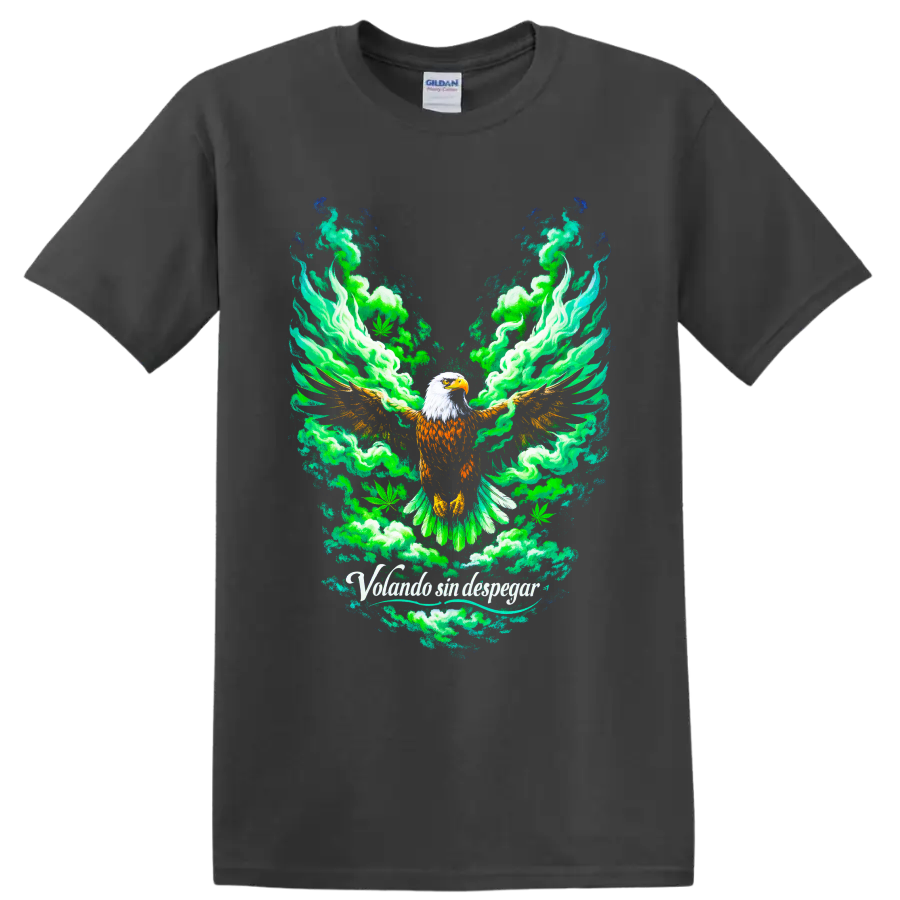 Bald eagle with green smoke and cannabis leaves in a psychedelic graphic illustration on a Charcoal T Shirt