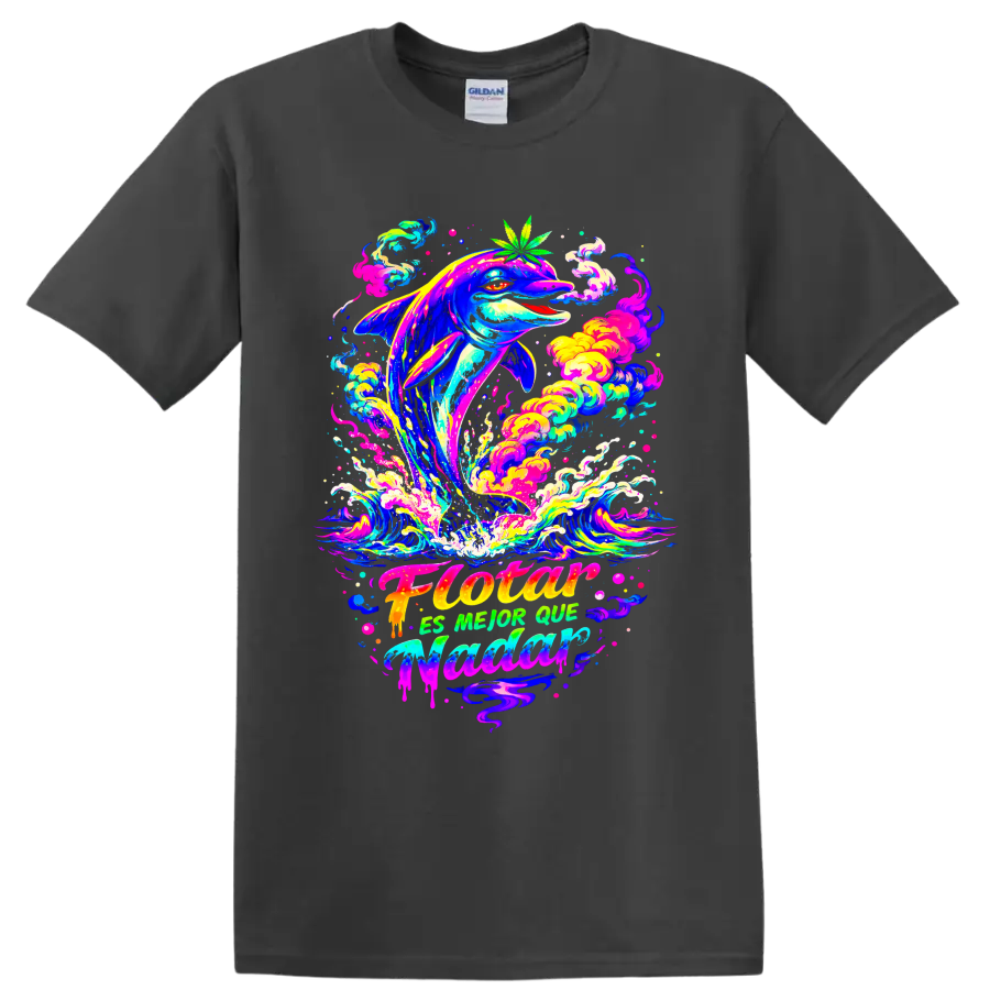 Psychedelic dolphin leaping through neon waves with a cannabis leaf on a Charcoal T Shirt