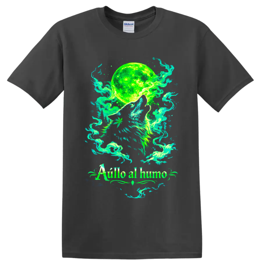 Psychedelic howling wolf beneath a neon green moon with swirling cannabis smoke on a Charcoal T Shirt