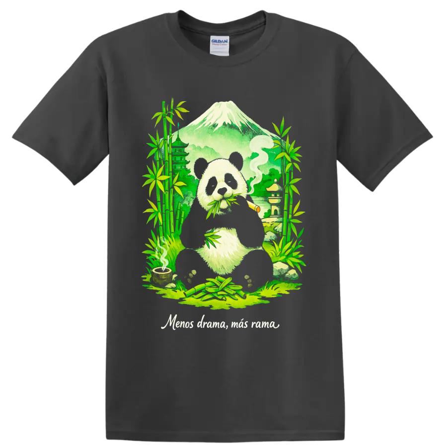 Cannabis panda illustration with bamboo, pagoda, mountain, and rolled smoke on a Charcoal T Shirt