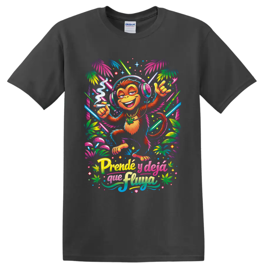 Neon tropical cannabis monkey DJ graphic with headphones, mushrooms, and Spanish lettering on a Charcoal T Shirt