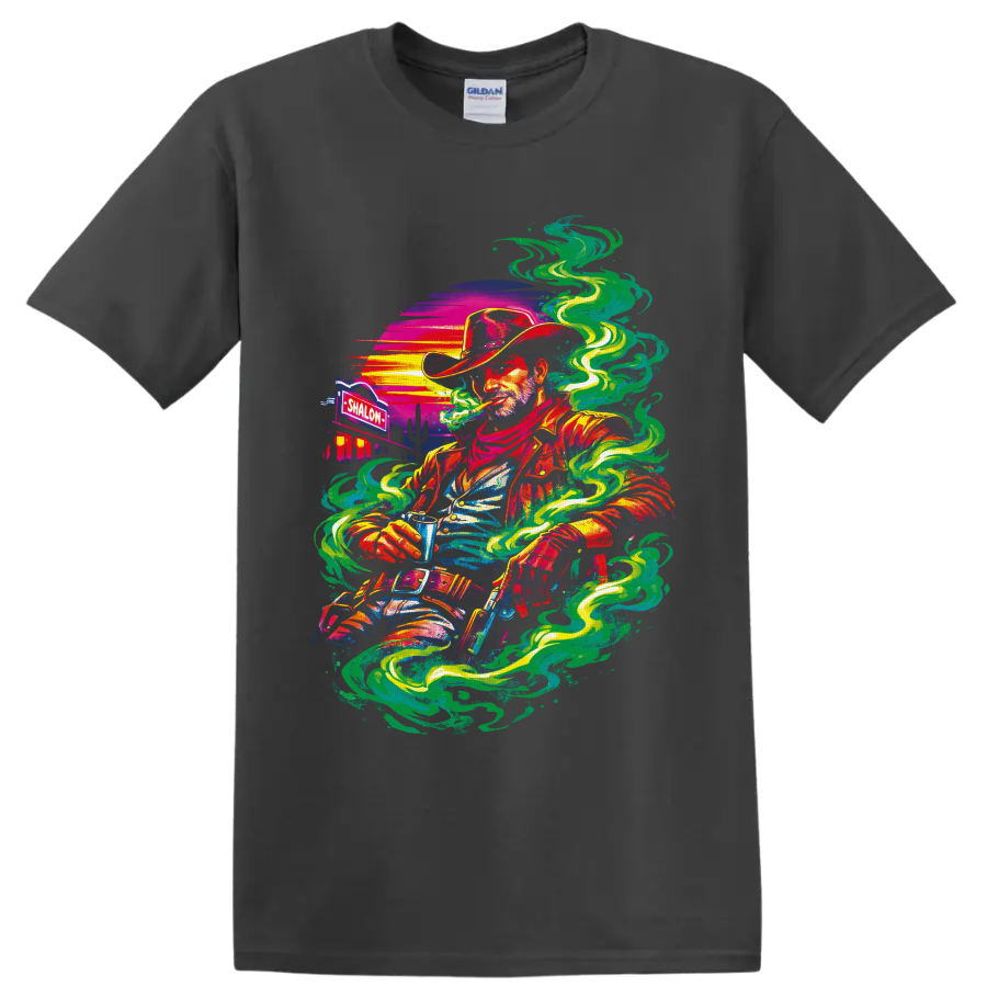 Psychedelic cannabis cowboy graphic with swirling smoke, desert sunset, and cacti on a Charcoal T Shirt