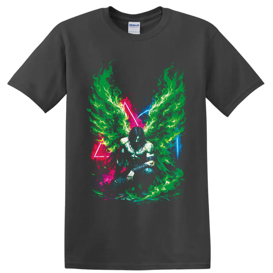 Neon flame-winged crouching figure in psychedelic paint-splatter triangle art on a Charcoal T Shirt